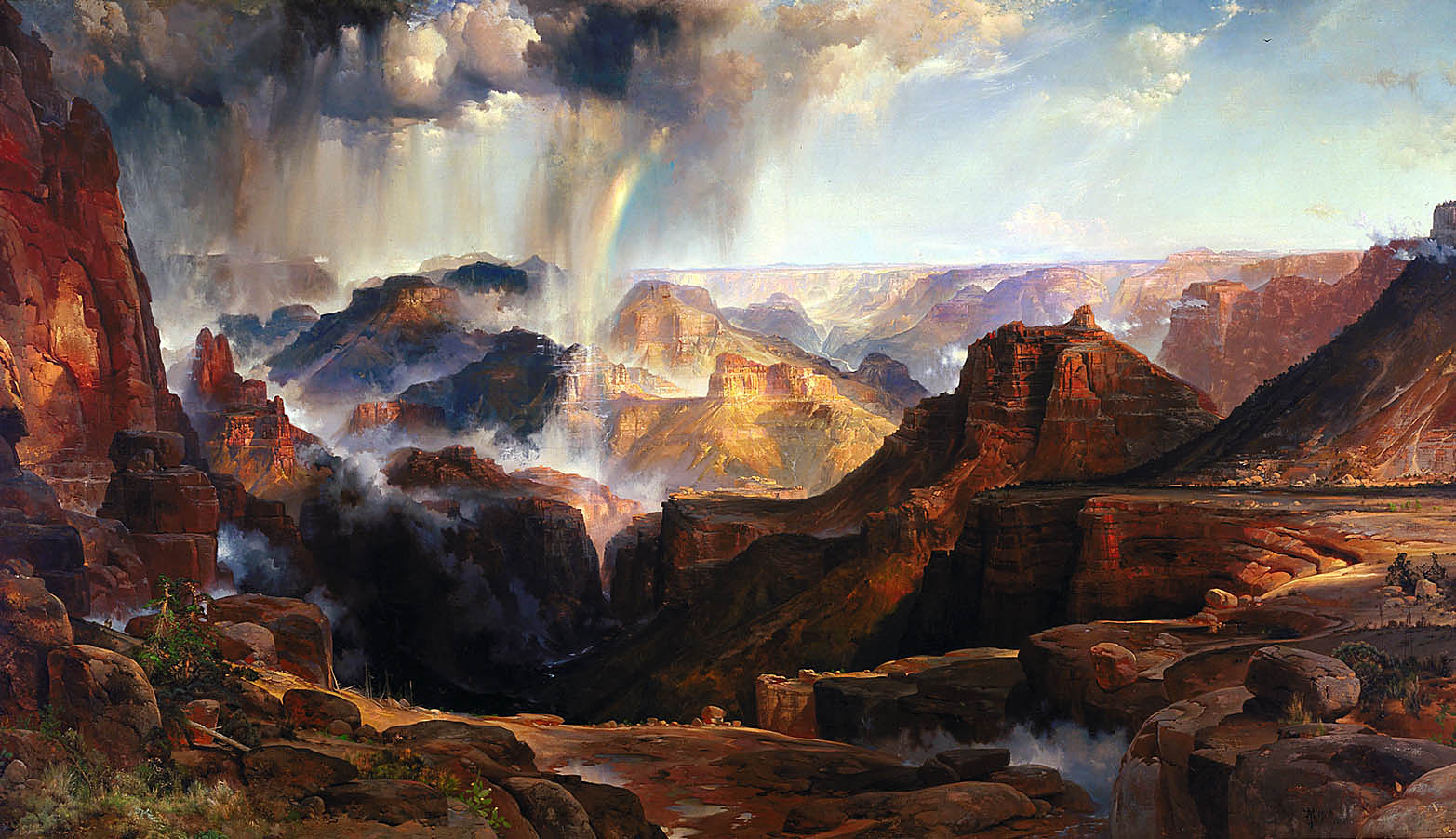 An oil painting of a landscape of massive cliffs and canyons.
