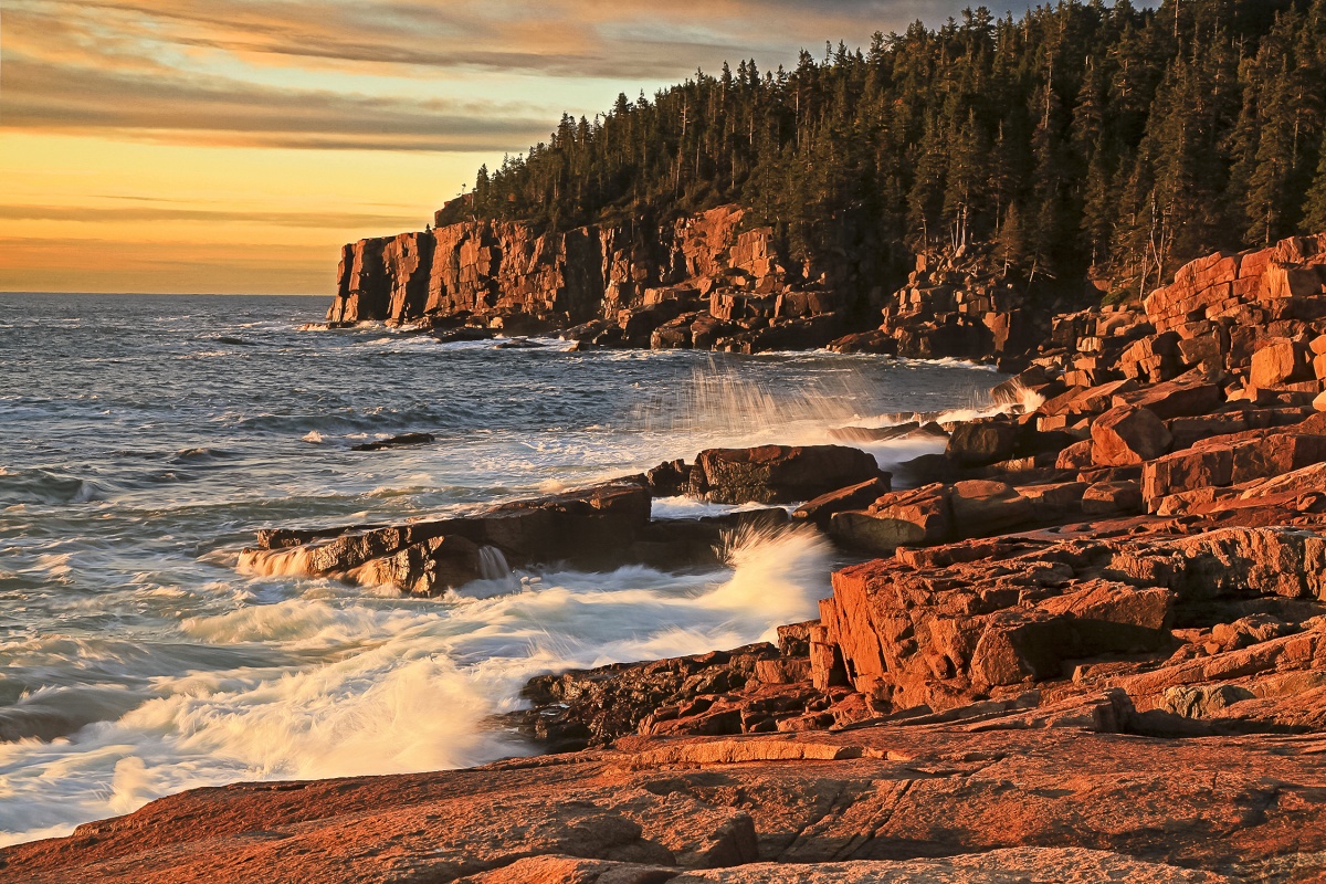 Water crashes up against red stones.A yellow sunset shines on the green trees atop the stone cliff in the background.