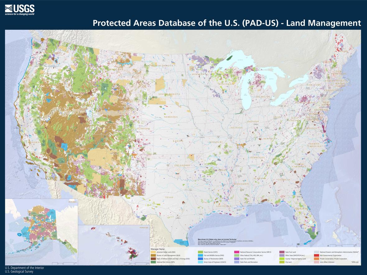 A map of the United States depicting areas of protected lands. Most of the colored areas appear to be in the west and in Alaska, but color is sprinkled throughout the map to denote these areas.