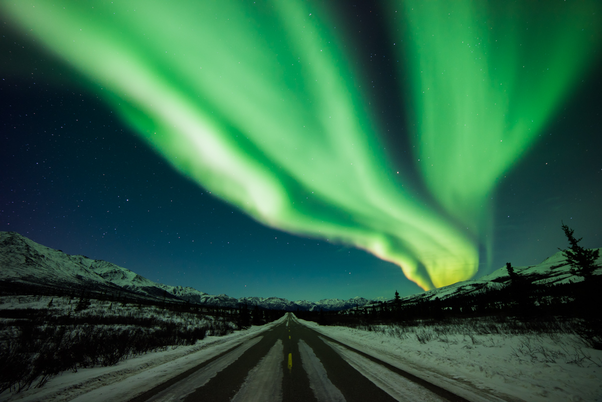 Bright green lights line the starry dark sky and illuminate the snow covered road below.