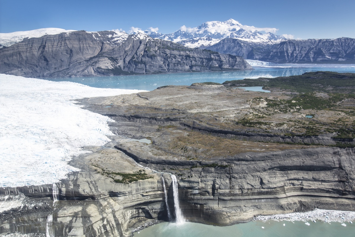 Aerial photo of glaciers and mountains at Wrangell-St. Elias National Park in Alaska