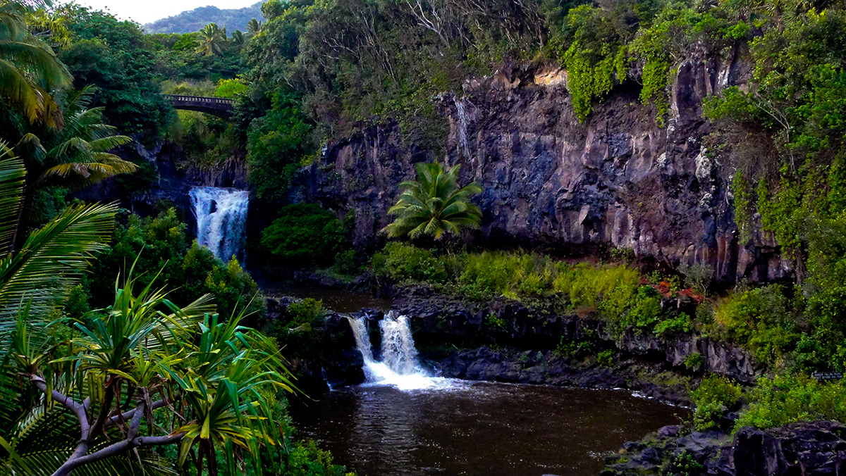 tiered waterfalls surrounded by green vegetation