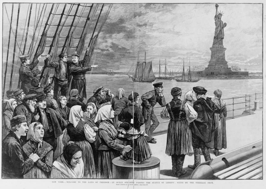 Sketch of immigrants on a boat looking at the Statue of Liberty