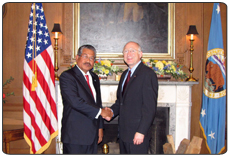 U.S. Secretary of the Interior Ken Salazar greets Palau President Johnson Toribiong during March 12, 2009 visit at Interior Headquarters. Photo by Tami Heilemann, DOI.