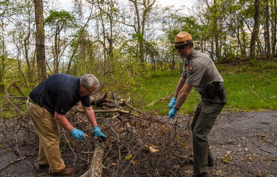 Secretary Bernhardt clears debris from a road at Blue Ridge Parkway with a National Park Service employee.