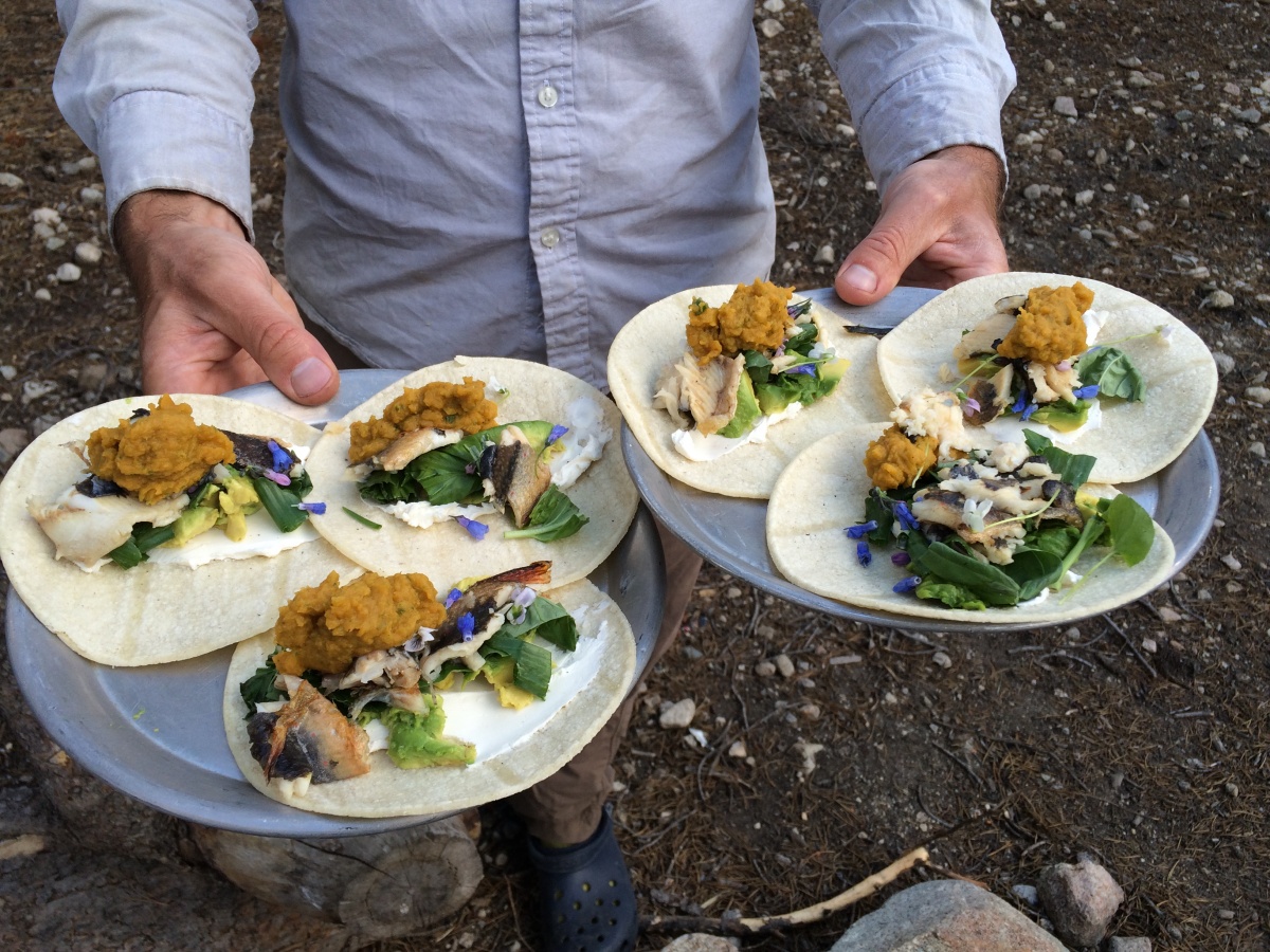 A man in a blue shirt stands and holds out two plates of open tacos, showing the bright green, orange, and purple ingredients in the tortillas.