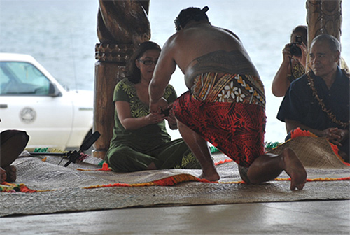 Asst. Secretary Kia'aina at Ava ceremony welcome hosted by the Office of Samoan Affairs at the Fale Tele (Samoan guest house) at Su'igaula Beach Park.  Governor Lolo Matalasi Moliga seated at right.