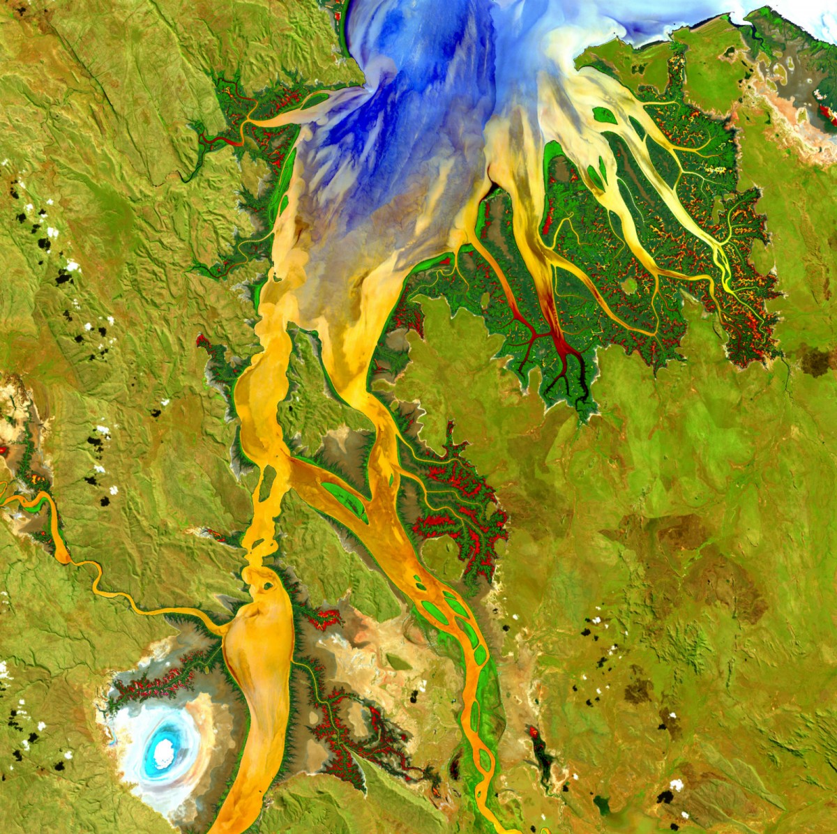 Satellite photo looking down on a yellow river running across a green landscape to join with a blue bay.
