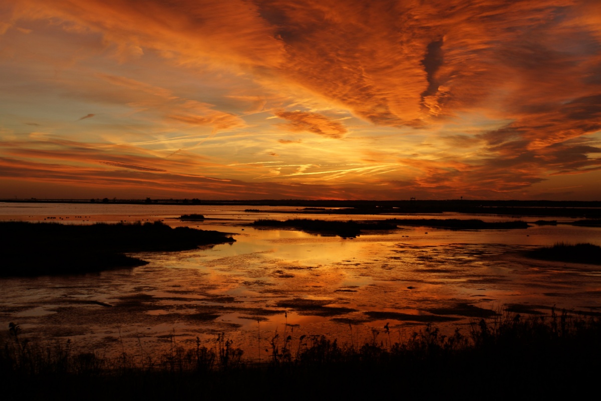A sunset illuminates the sky in orange and red shades over a body of water 