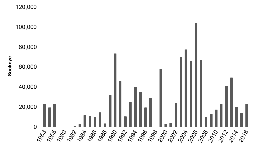 Annual Sockeye Salmon expanded escapement into Redoubt Lake for years with data: 1953 to 1955, 1982 to 1997, and 1999 to 2016. The weir was not operated in 1998.