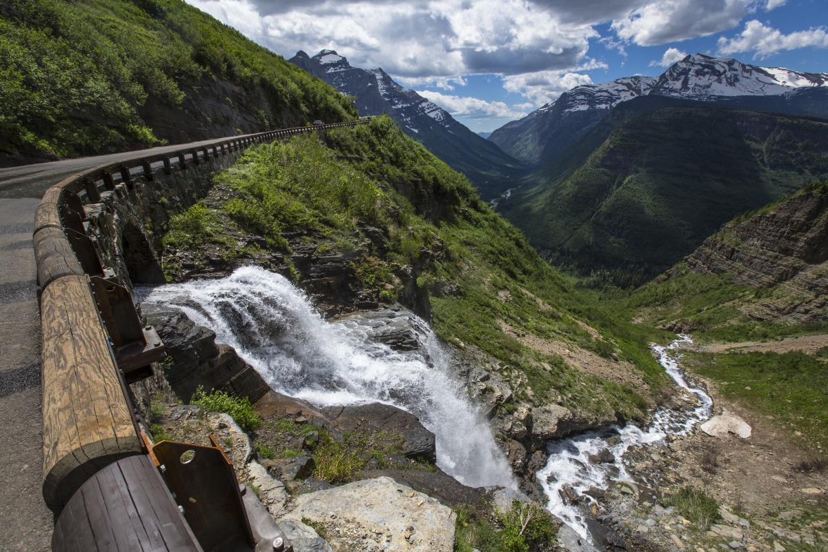 A waterfall under Going-to-the-Sun road in Glacier National Park