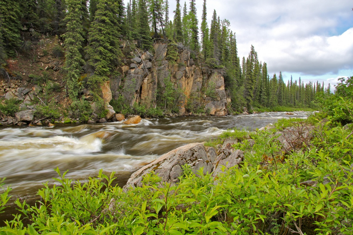 A swift moving river with white rapids runs between two rocky banks covered in trees.