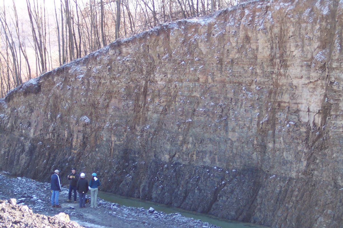 Four people wearing hard hats stand next to the exposed wall of a large open mine.