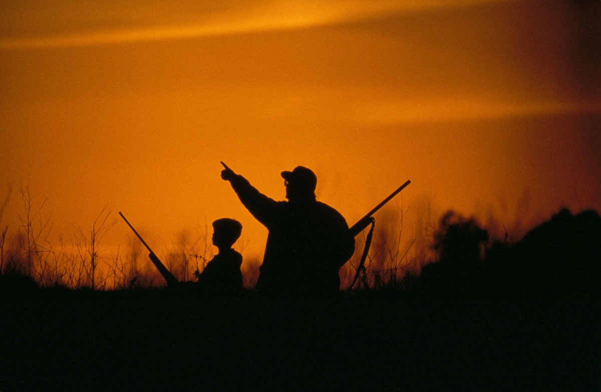 The shadows of a young boy and his father point toward the sky during a beautiful sunset.
