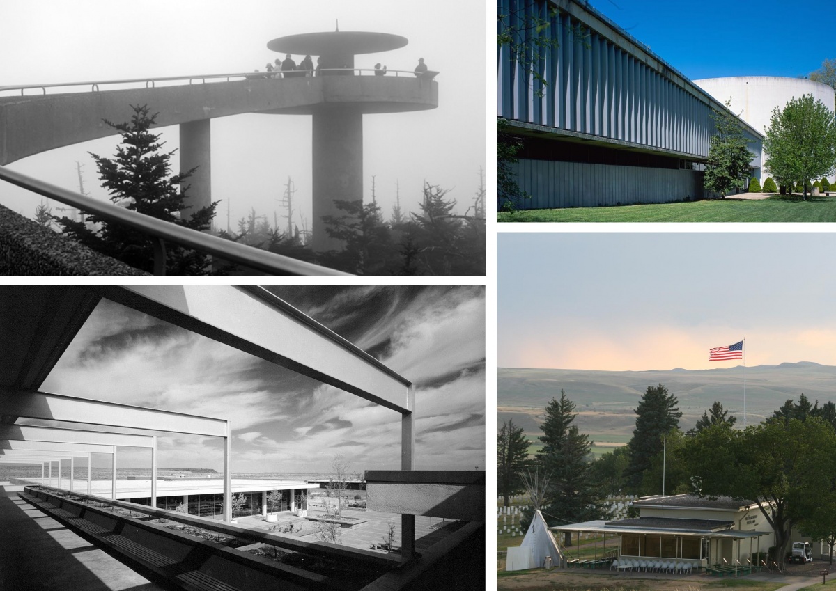 A four photo montage including a curving walkway to a round observation tower at Great Smoky Mountains National Park, the modern steel architecture of Painted Desert Community Center at Petrified Forest National Park, the Old Gettysburg Cyclorama, a long square building meeting a large round structure and the small square visitor center at Little Bighorn Battlefield National Monument.