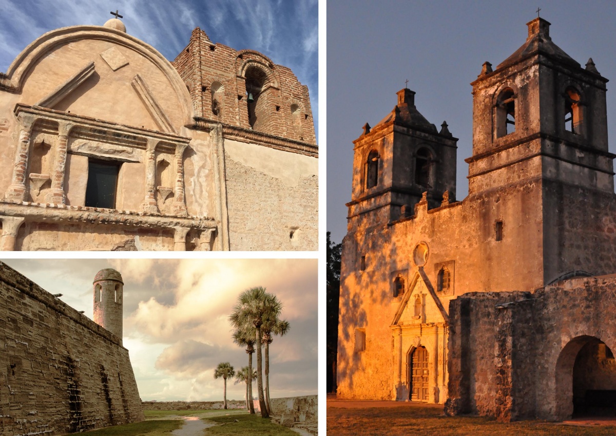 A three photo montage of spanish mission style architecture, including brick walls and ornate arches at Tumacácori National Historical Park, Castillo de San Marcos National Monument and San Antonio Missions National Historical Park.