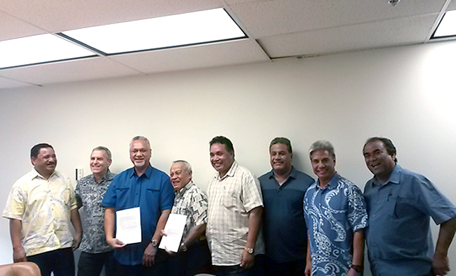 From left to right:  Yap Lt. Governor James Yangetmai;  U.S. Ambassador to the FSM Robert Riley, III; Interior Acting Assistant Secretary for Insular Areas Nikolao Pula; Vice President of the FSM Yosiwo George; Chuuk Governor Elimo Johnson; FSM Ambassador to the U.S. Akillino Susaia; Pohnpei Governor Marcelo Peterson; Speaker of the Pohnpei State Legislature Fernando Scaliem Photo: Courtesy MKleinsteiber