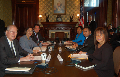 (l. to r.) U.S. Department of Defense Principal Deputy Assistant Secretary Peter Potochney, U.S. Special Representative Kia’aina, U.S.  Department of Homeland Security Assistant Secretary Seth Stodder, CNMI Secretary of Public Lands Marianne Teregeyo, CNMI Special Representative Torres, CNMI Secretary of Labor Edith Deleon Guerrero.  White House Eisenhower Executive Office Building, Washington, D.C., at the first 902 Consultations meeting, June 6, 2016. Photos: DOI-TJoshua