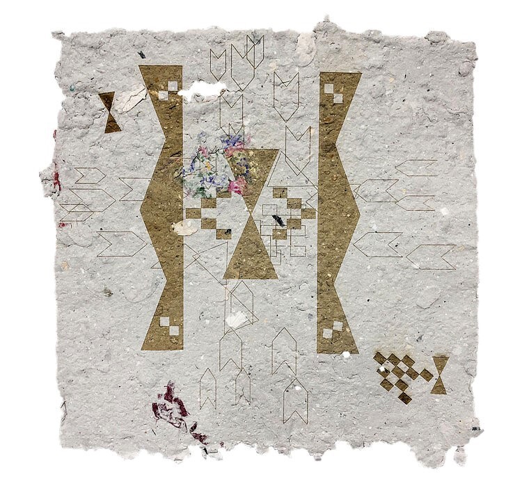 "Unci’s Love I." Handmade paper, laser etching, and vintage fabric. © 2019 Mikayla Patton