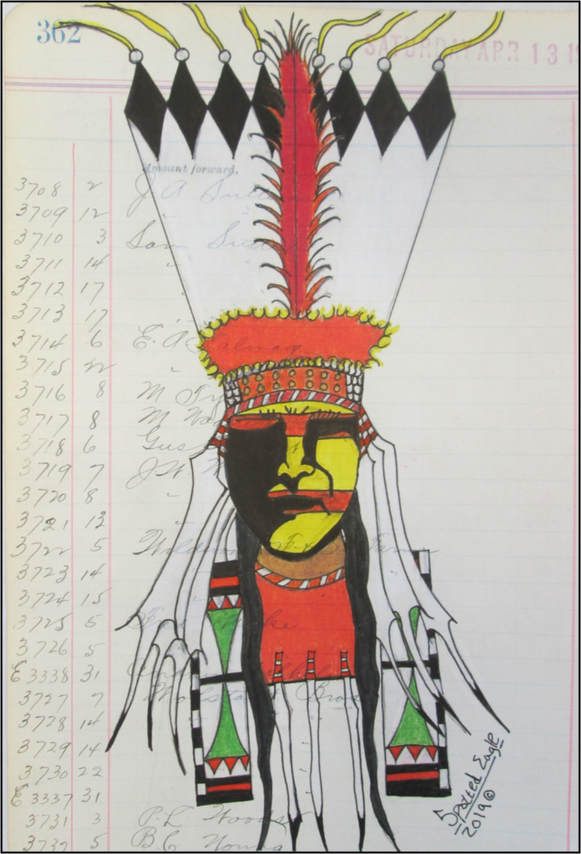 Koom'saam (Round Medicine). Colored pencils and ink on antique ledger paper. © 2019 Preston Spotted Eagle