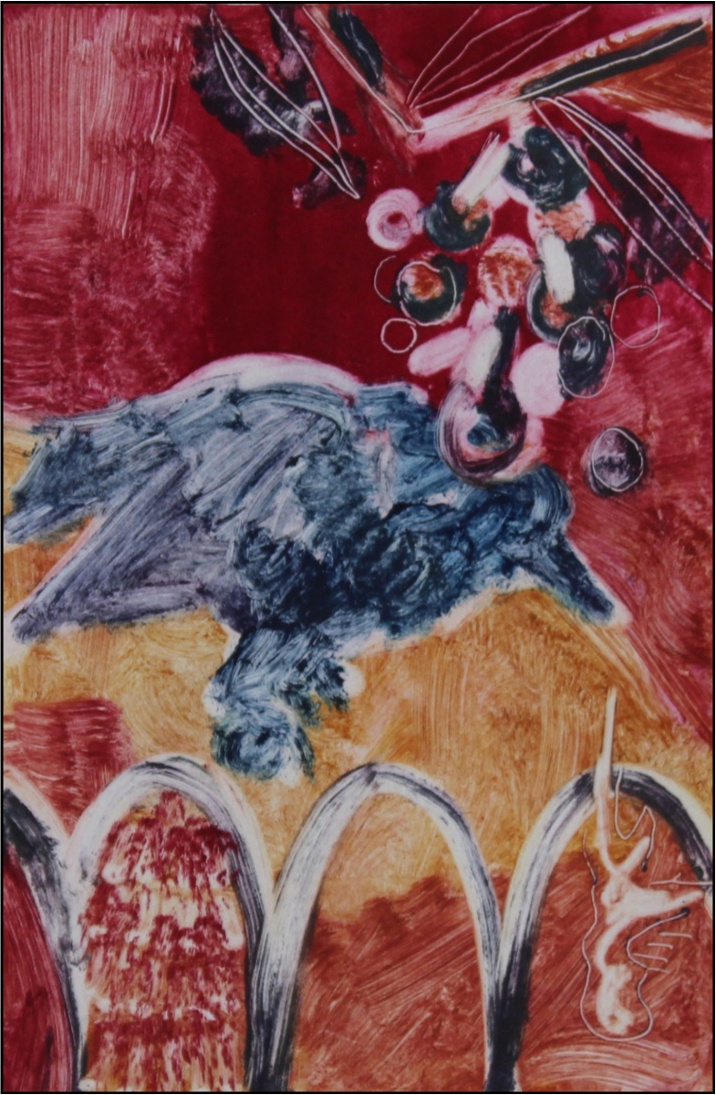 "Crow Under Choke Cherries." Monotype. © 2017 Renelle White Buffalo.