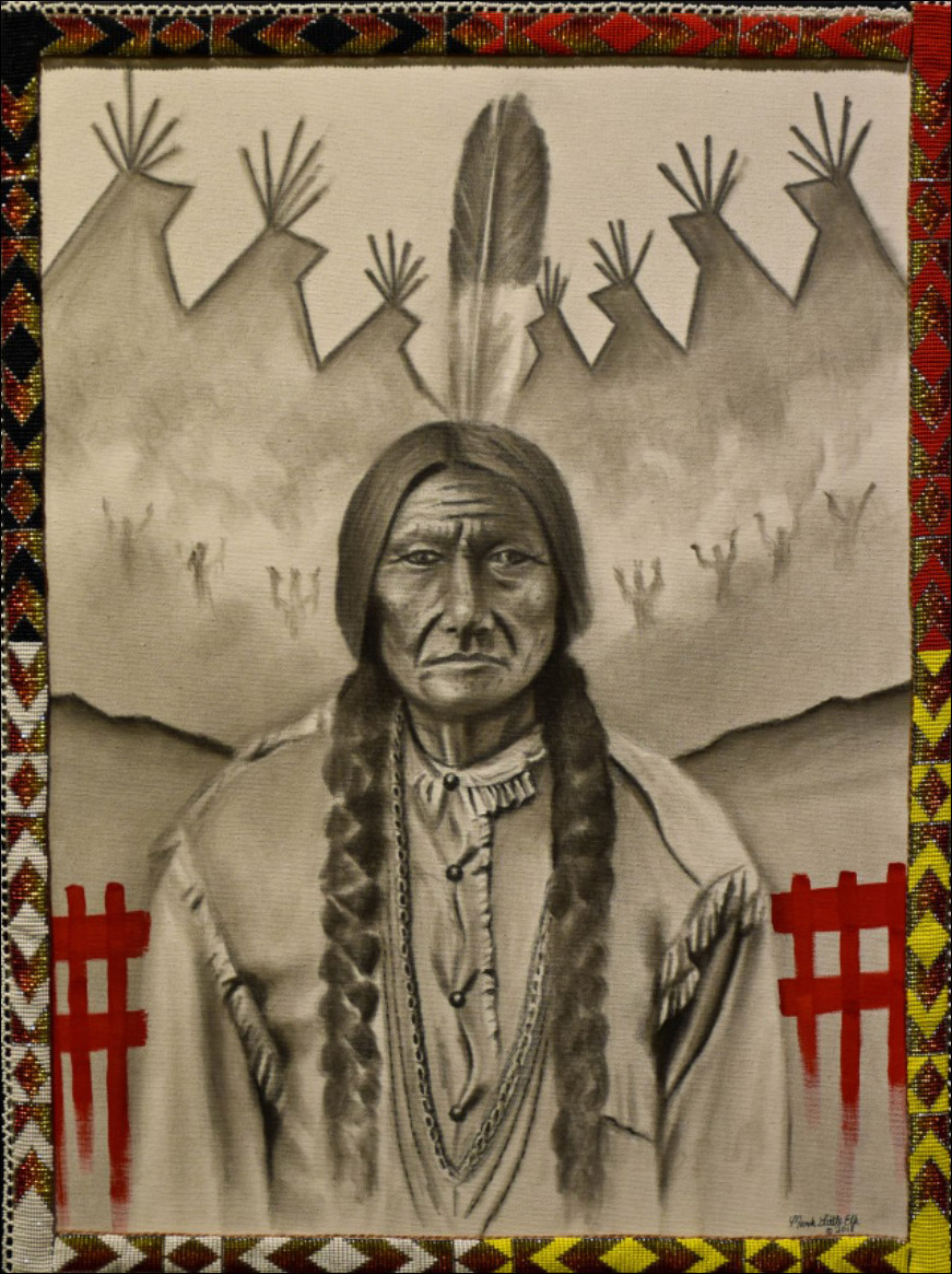 "Perseverance." Charcoal and beadwork on paper. © 2018 Mark Little Elk