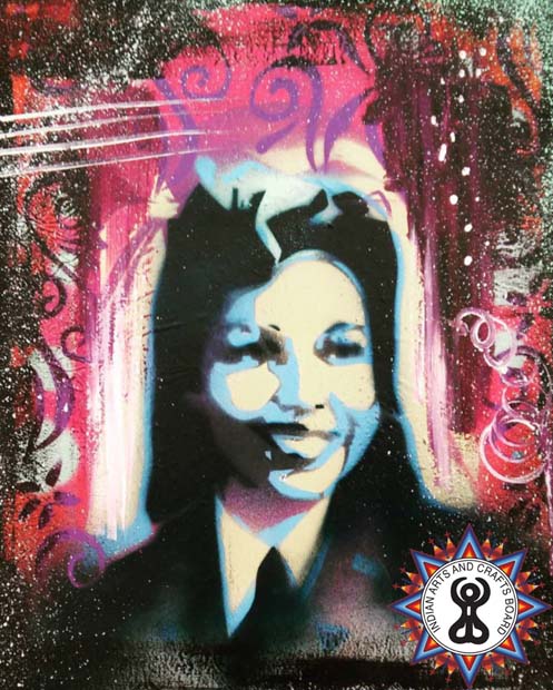 "Be A Good Ancestor (Marcella)." Acrylic and Aerosol Paint on Canvas. © 2016 Tammy Eagle Hunter