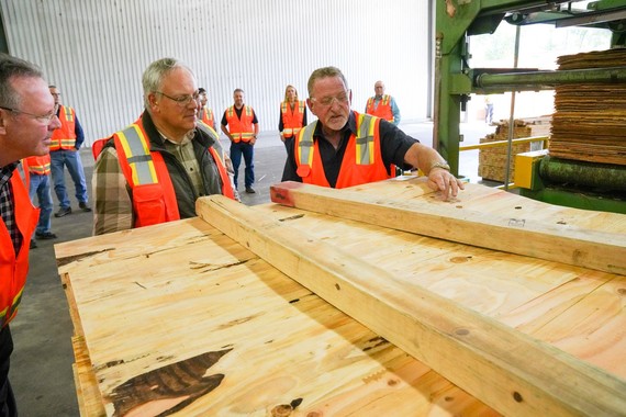 Photo: Secretary Bernhardt inspects plywood production at a timber manufacturing company in western Oregon.