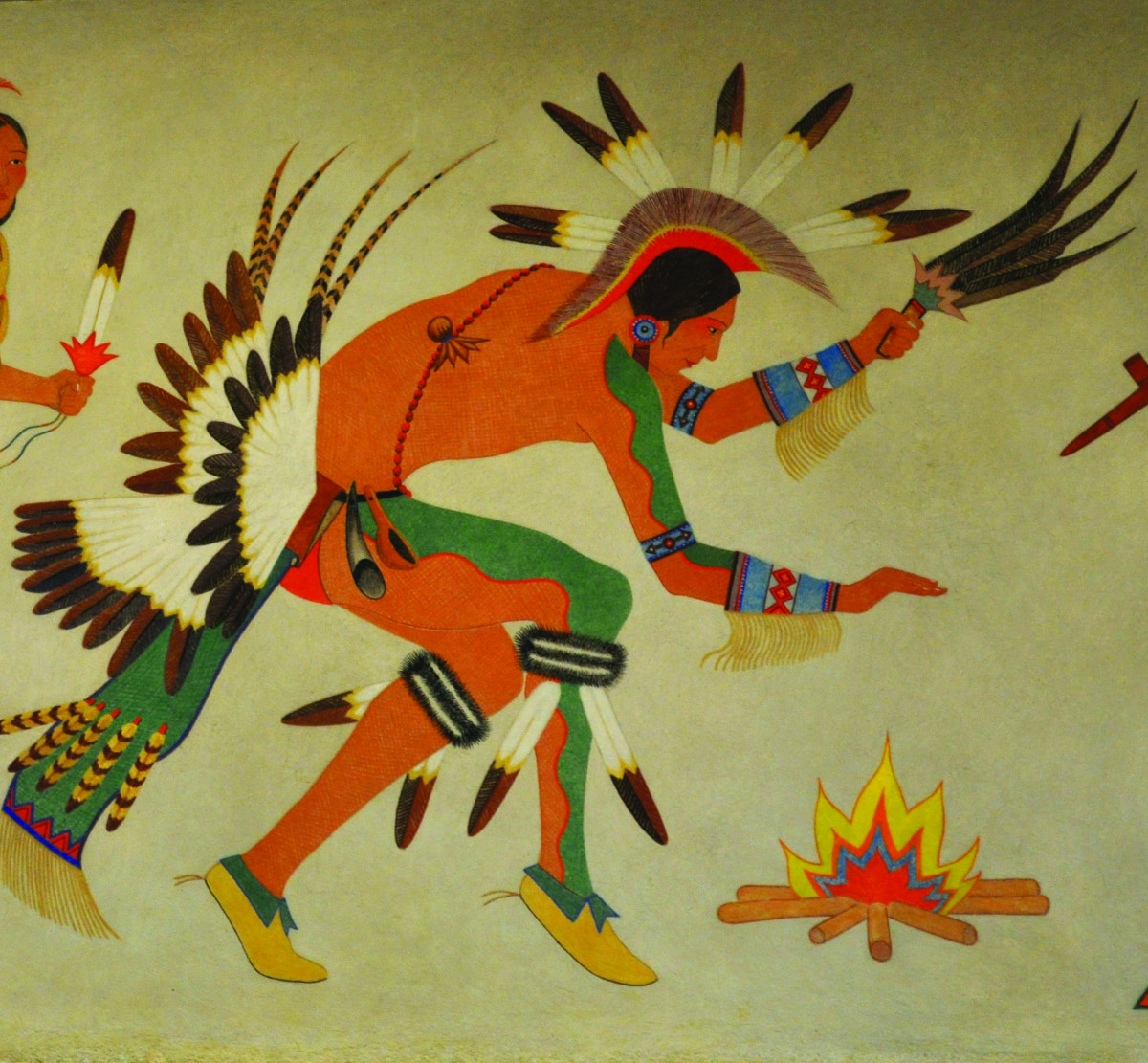 Detail from “Ceremonial Dance” Mural, 1939, by Stephen Mopope (Kiowa) at the Department of the Interior Headquarters, Washington, D.C. GSA Fine Arts Collection. Painting of a Kiowa ceremonial dancer.