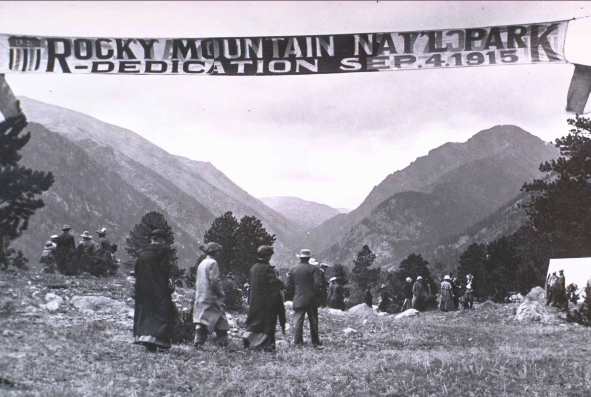 black and white photo of people enjoying the view at Rocky Mountain National Park's dedication