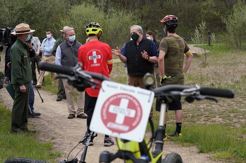 Secretary Bernhardt and U.S. Representative Dave Joyce (OH-14) open a mountain bike trail at Cuyahoga Valley National Park's East Rim Mountain Bike Trail System.