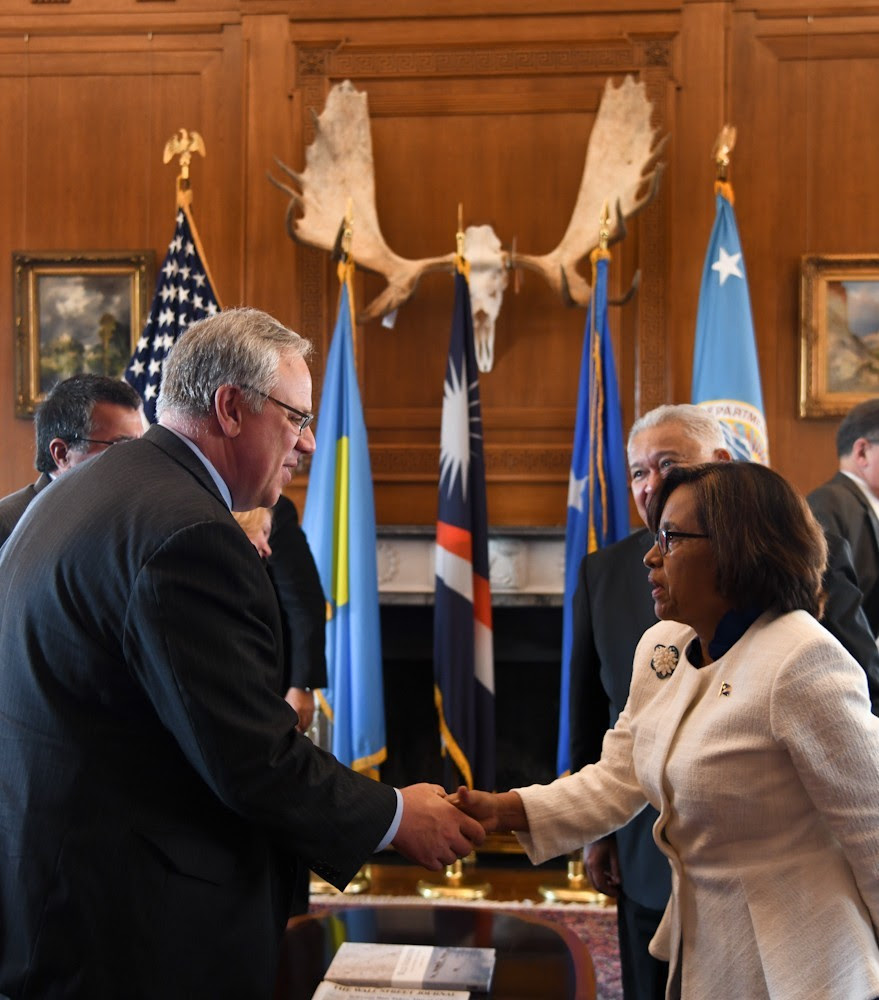 Interior Secretary David Bernhardt Welcomes Marshall Islands President Hilda Heine to Interior on May 20.