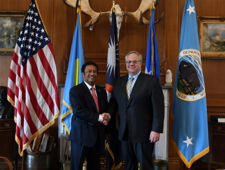 Interior Secretary David Bernhardt and Palau President Tommy E. Remengesau, Jr. meet on May 20.