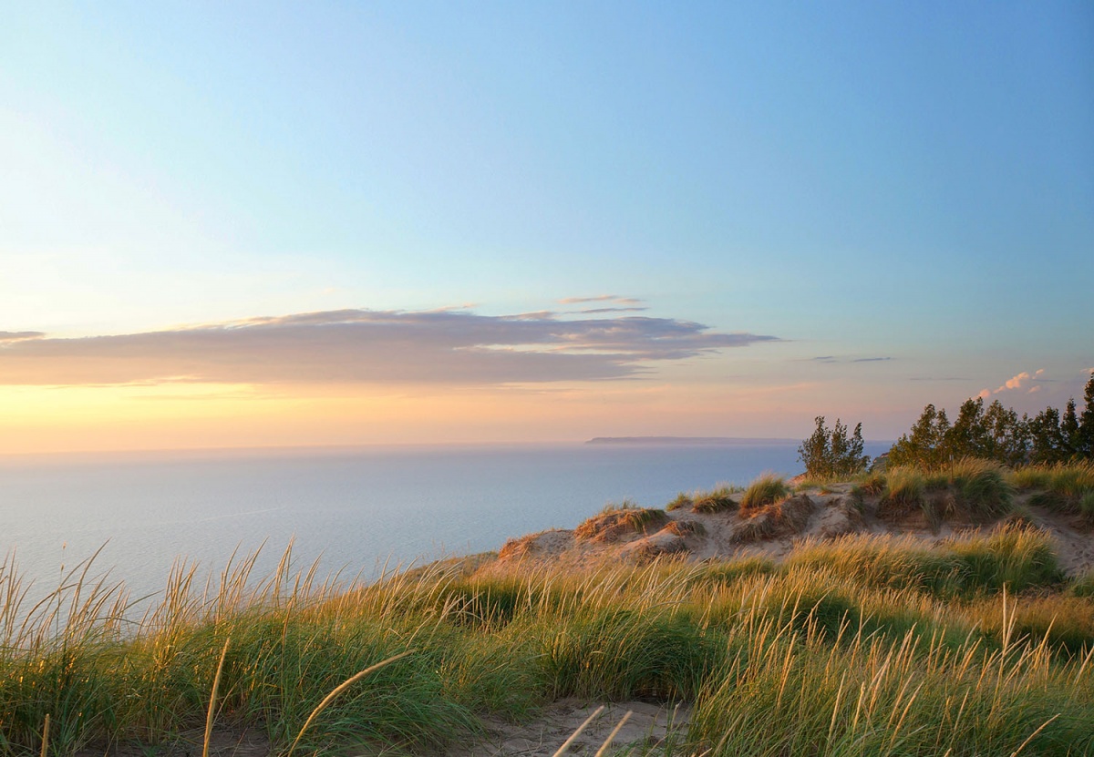 pastel sky, sandy beach, tall grass