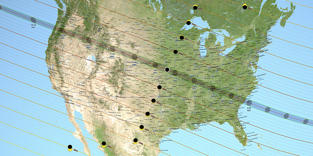 A map of the United States with a gray line running from Washington State to South Carolina showing black dots representing the eclipse's path.