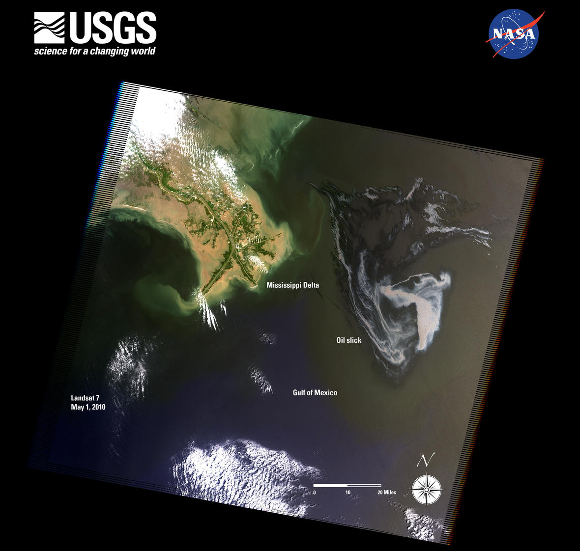 Satellite photo of the oil slick on the Gulf of Mexico near the coast of Mississippi.