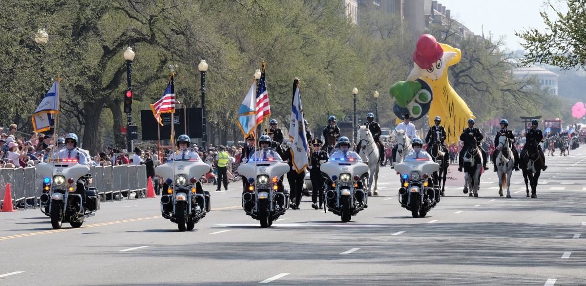 A line of police officers riding motorcycles take part in a parade down a city street.