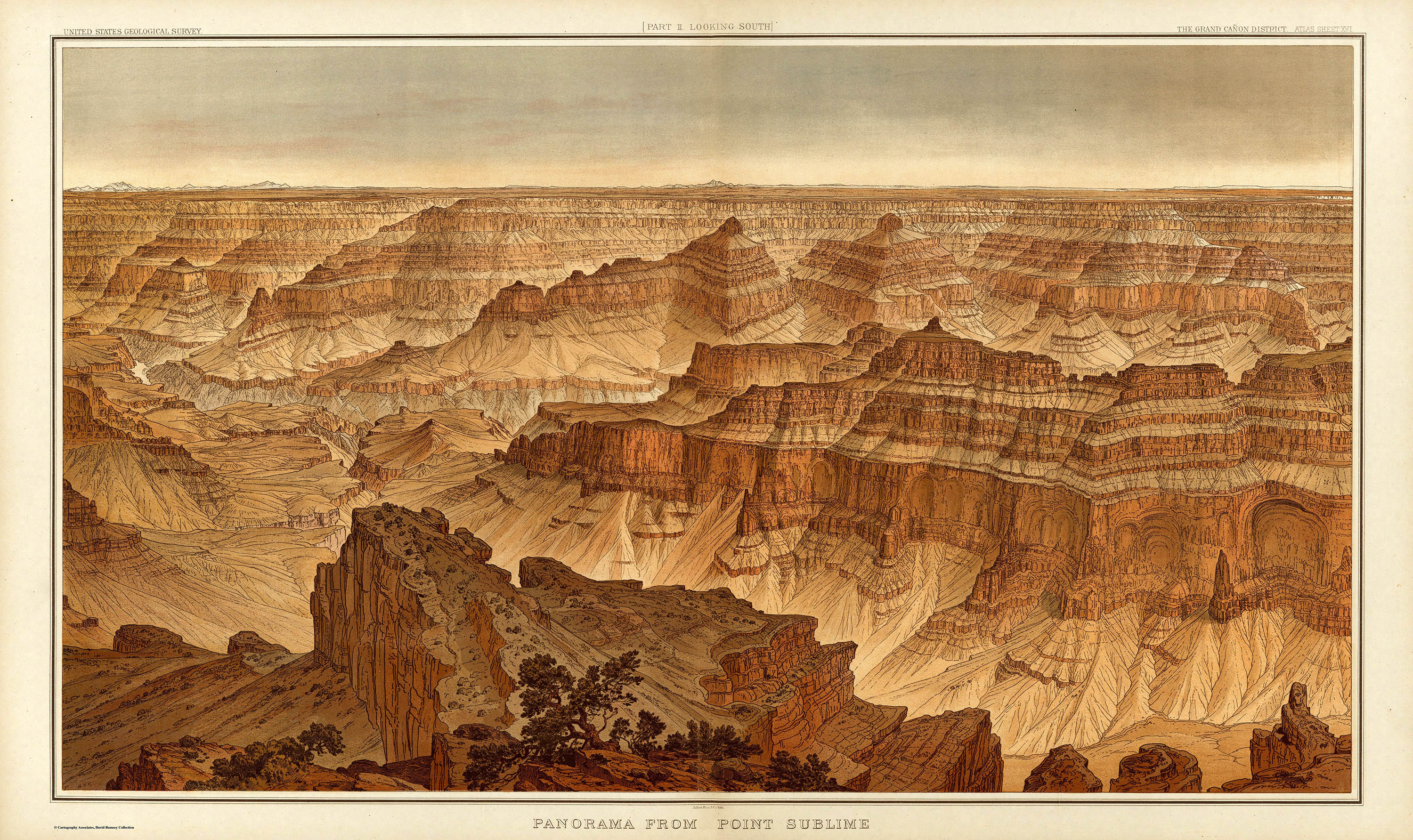 Panorama print showing the horizontal red layered rocks and broad, intricately sculptured chasm of the canyon.