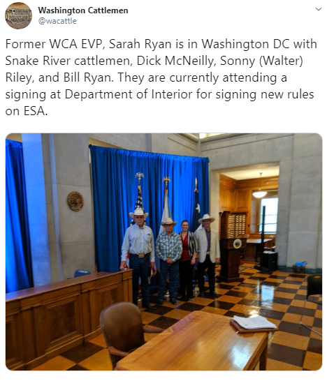Former WCA EVP, Sarah Ryan is in Washington DC with Snake River cattlemen, Dick McNeilly, Sonny (Walter) Riley, and Bill Ryan. They are currently attending a signing at Department of Interior for signing new rules on ESA.
