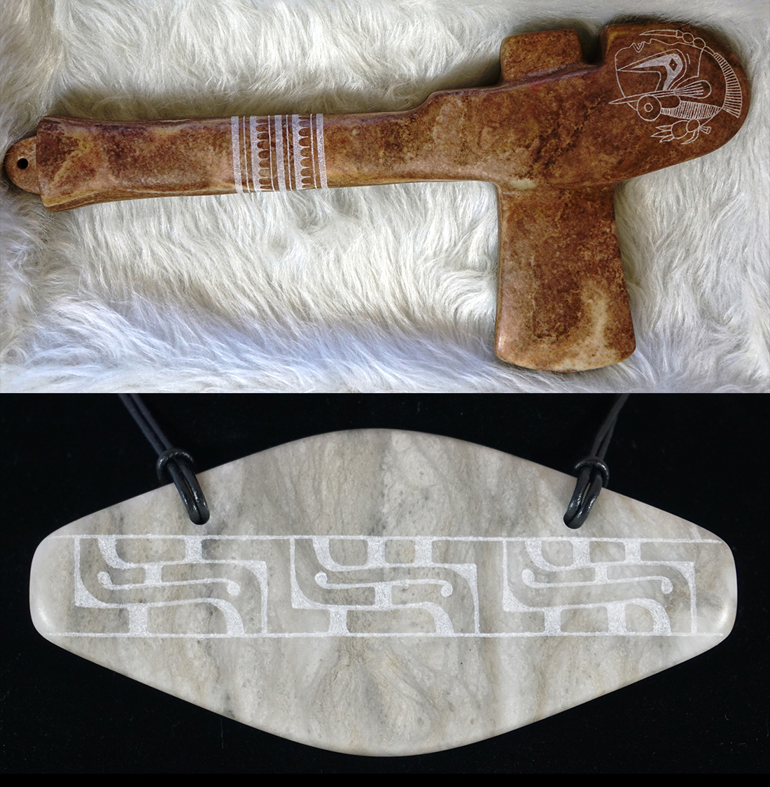 "Monolithic Axe #2, I-bat i-hi-nin II / Grandfather Thunder II" and "Gorget #1, Spiro Cah-cah-che'-ah / Spiro Cloud." © A. Wayne "Tay Sha" Earles