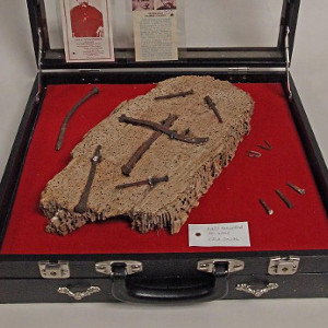Objects associated with Saint Damien include a fragment of wood from Father Damien's redwood coffin, cloth, and nails from the Church of Our Lady of Seven Sorrows in Mapeluhu. (NPS) Objects associated with Saint Damien include a fragment of wood from Father Damien's redwood coffin, cloth, and nails from the Church of Our Lady of Seven Sorrows in Mapeluhu. (NPS)